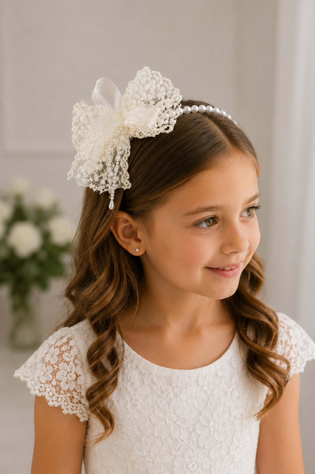 girl in a white dress wearing a headband