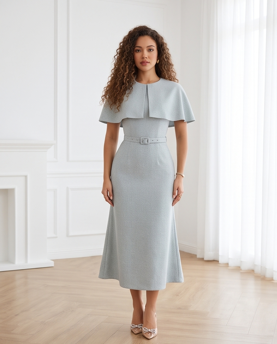 Women’s dusty blue midi dress with a cape-style shoulder overlay, matching buckle belt and gently flared skirt