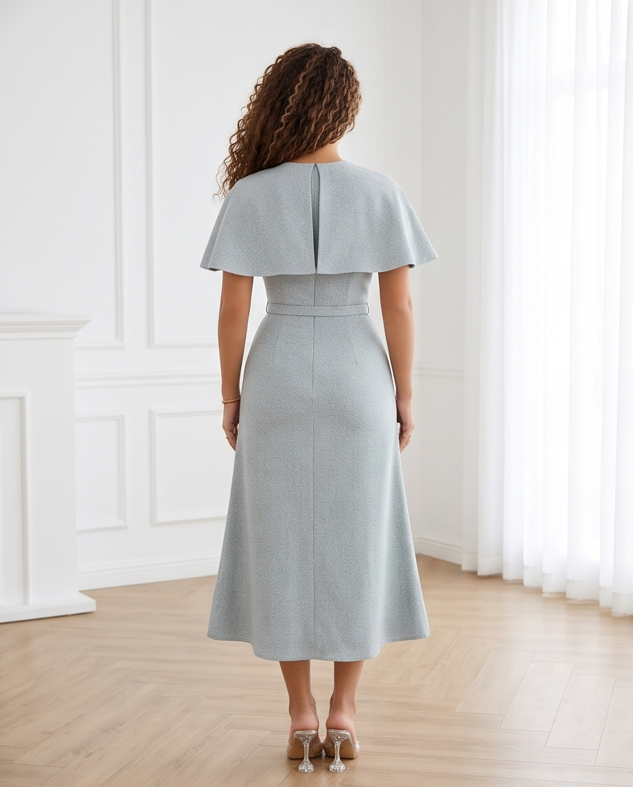Women’s dusty blue midi dress with a cape-style shoulder overlay, matching buckle belt and gently flared skirt