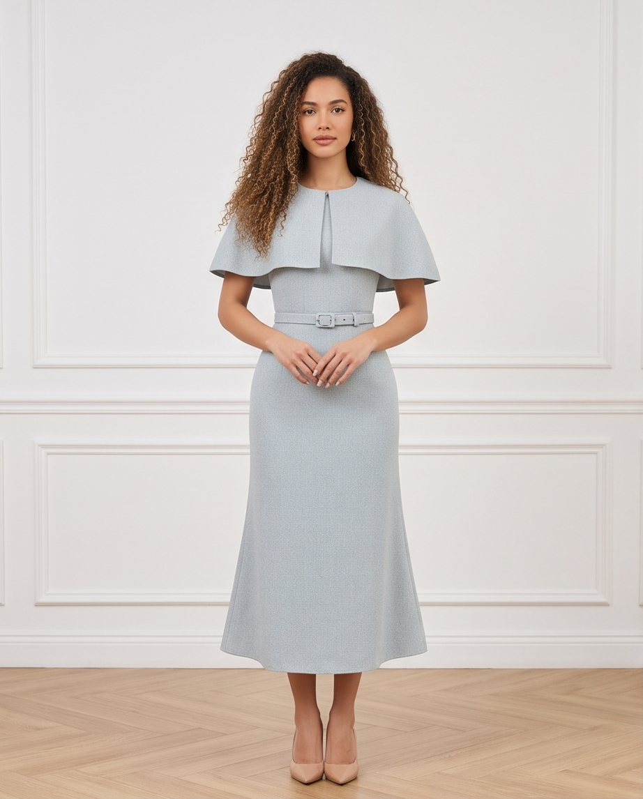 Women’s dusty blue midi dress with a cape-style shoulder overlay, matching buckle belt and gently flared skirt