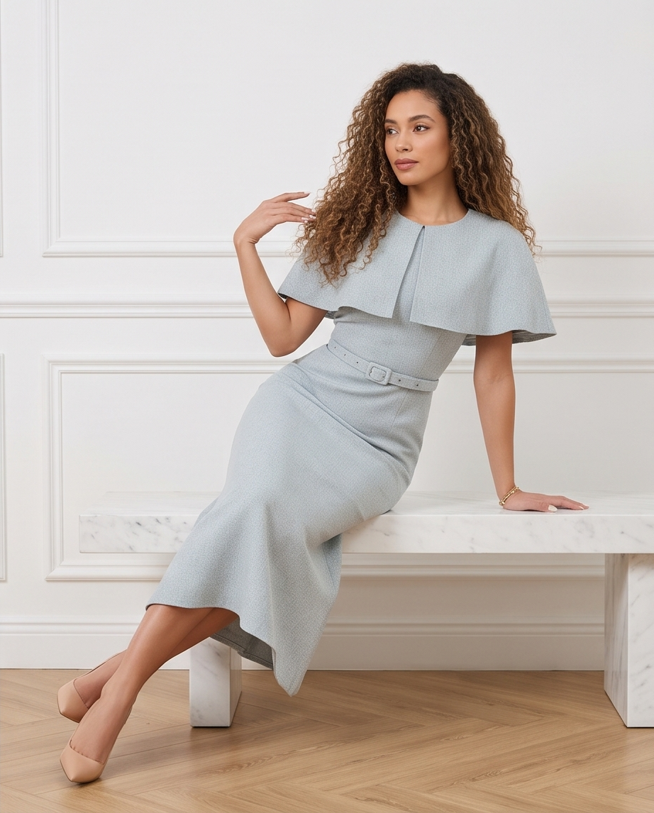 Women’s dusty blue midi dress with a cape-style shoulder overlay, matching buckle belt and gently flared skirt
