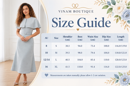 VINAM BOUTIQUE dusty blue cape midi dress size guide with AU sizes and shoulder, bust, waist, hip and length measurements in centimetres