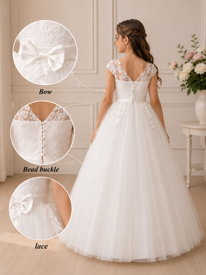 White wedding dress with close-up details on a neutral background