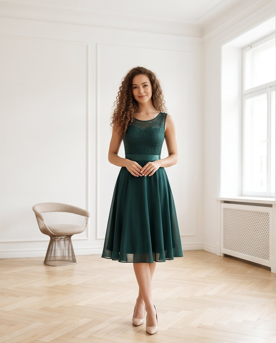 Women’s Emerald Green Lace Bodice Midi Dress
