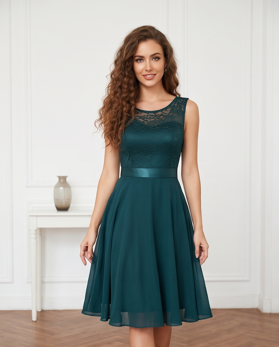 Women’s Emerald Green Lace Bodice Midi Dress