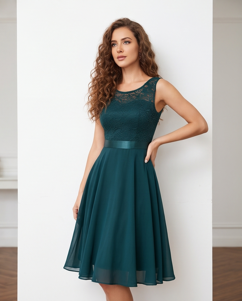 Women’s Emerald Green Lace Bodice Midi Dress