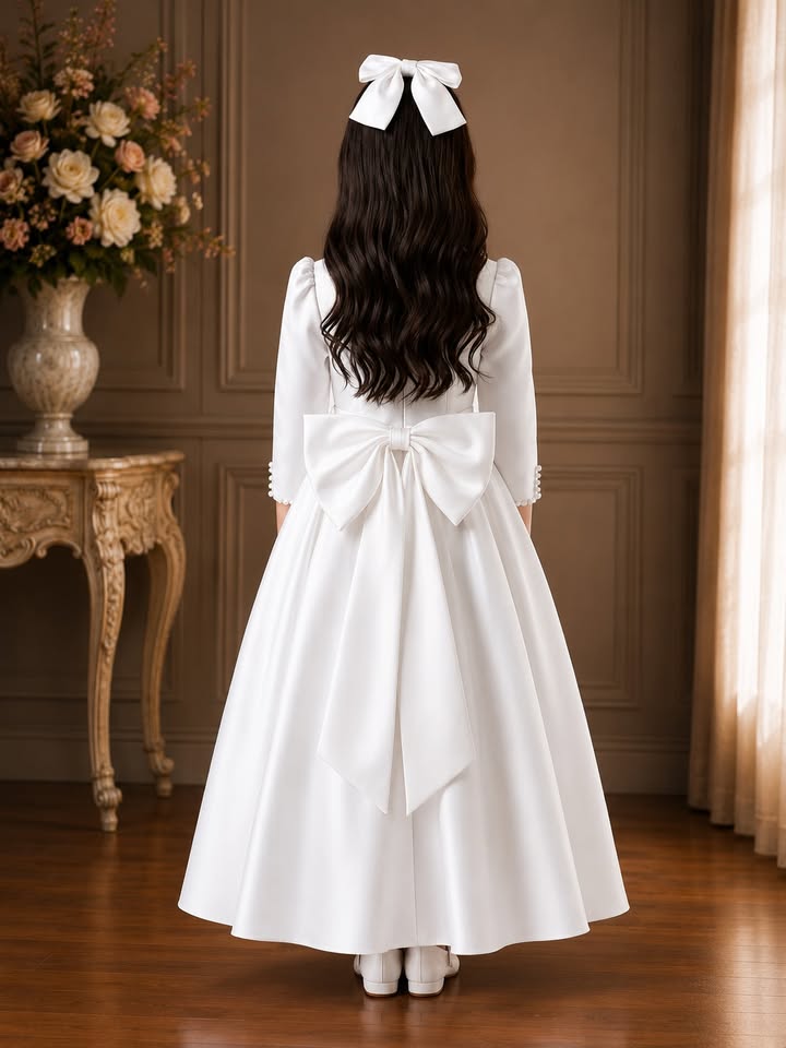 Woman in a white dress with large bows standing in a room with wooden paneling and a vase of flowers.