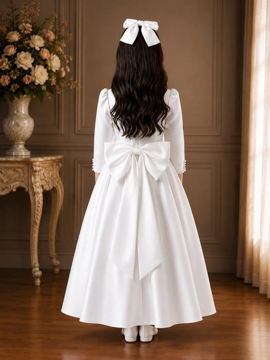 Woman in a white dress with large bows standing in a room with wooden paneling and a vase of flowers.