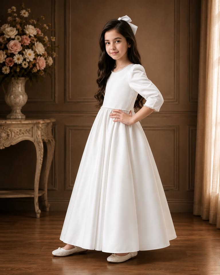 Young girl in a white dress standing in a room with wooden paneling and floral decorations.