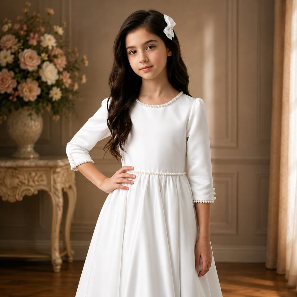 Young girl in a white dress standing in a room with floral decorations.