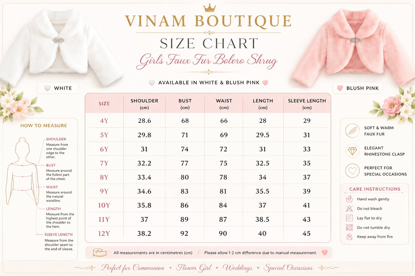 Vinam Boutique size chart for girls' faux fur before shrug in white and blush pink.