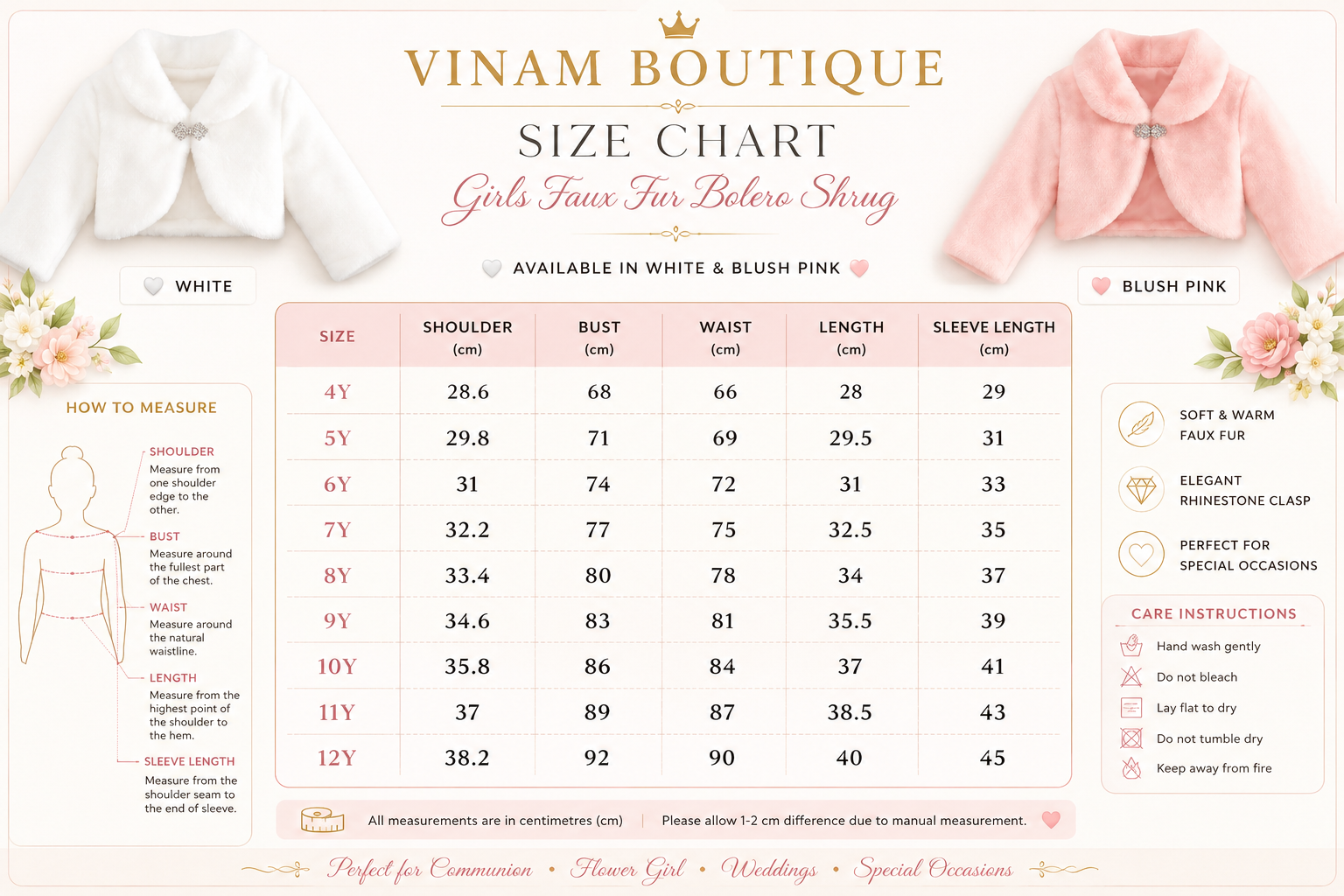 Vinam Boutique size chart for girls' faux fur before shrug in white and blush pink.