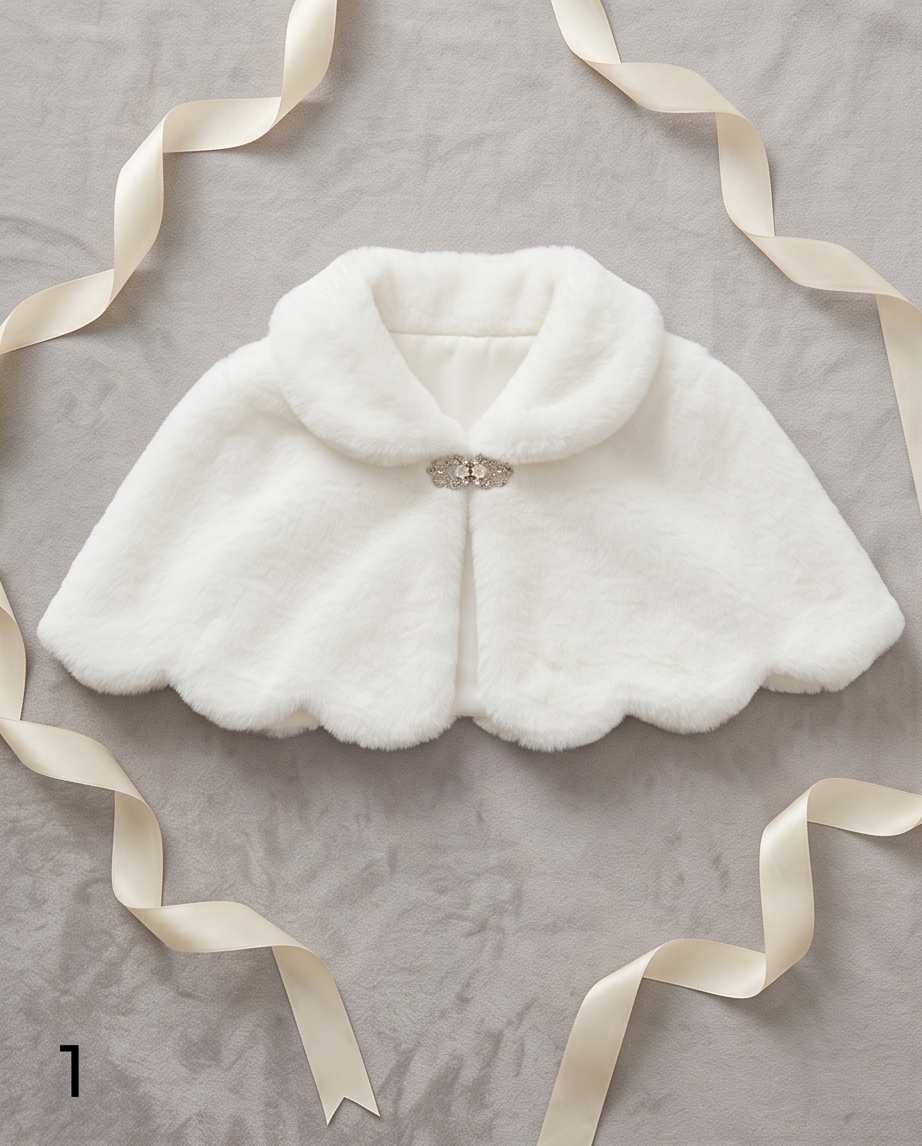 White fur shrug with a brooch on a gray background with ribbons