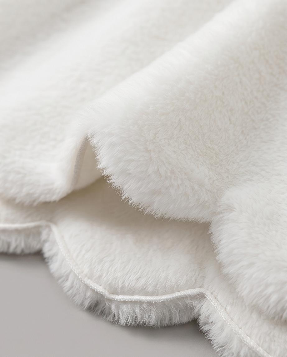 Close-up of a white fluffy blanket on a light gray background