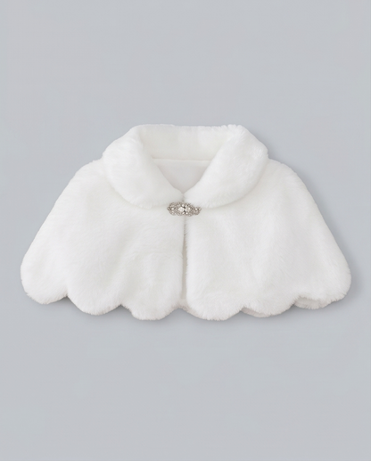 White fur shrug with a brooch on a gray background