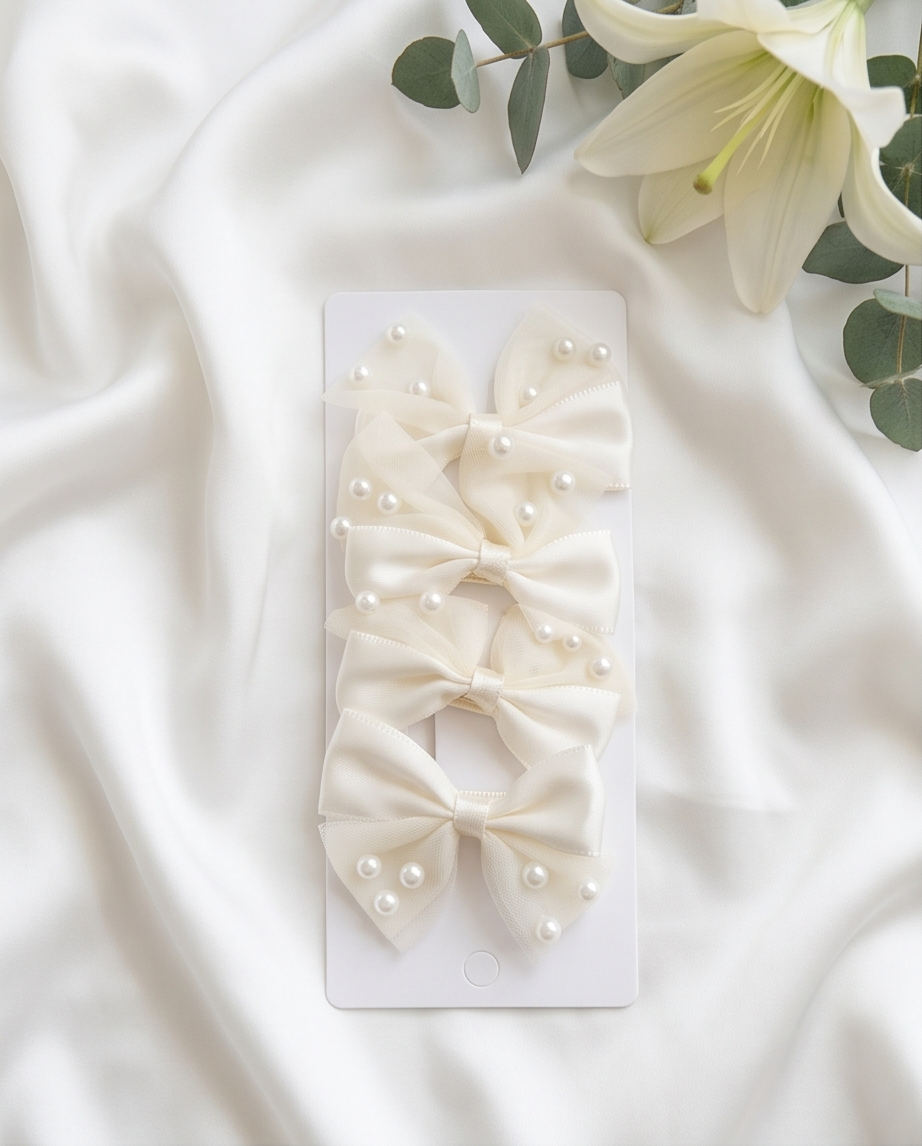 Set of cream-colored hair bows with pearl embellishments on a white fabric background.