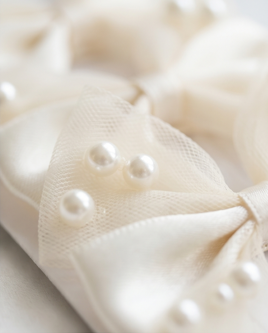 Close-up of a cream-colored fabric with pearl-like embellishments