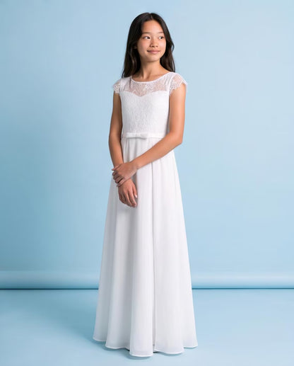 White Floor-Length First Holy Communion Dress | Elegant Girls Gown with Lace Cap Sleeves