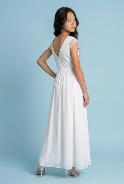 White Floor-Length First Holy Communion Dress | Elegant Girls Gown with Lace Cap Sleeves