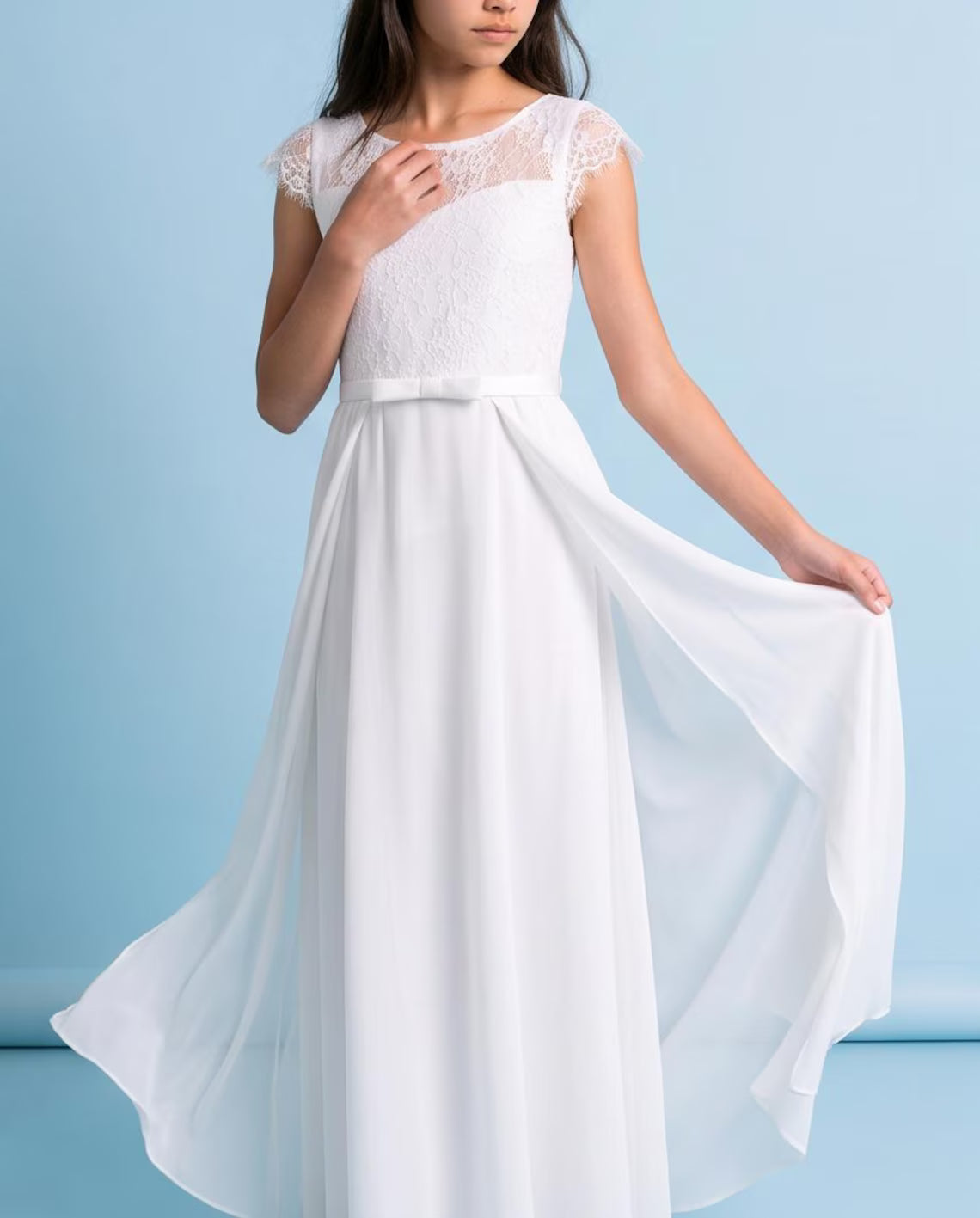 White Floor-Length First Holy Communion Dress | Elegant Girls Gown with Lace Cap Sleeves