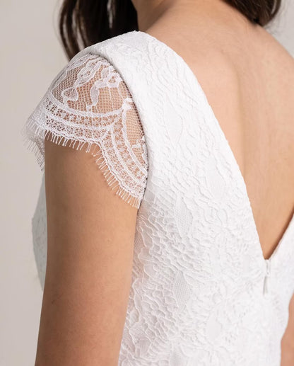 White Floor-Length First Holy Communion Dress | Elegant Girls Gown with Lace Cap Sleeves