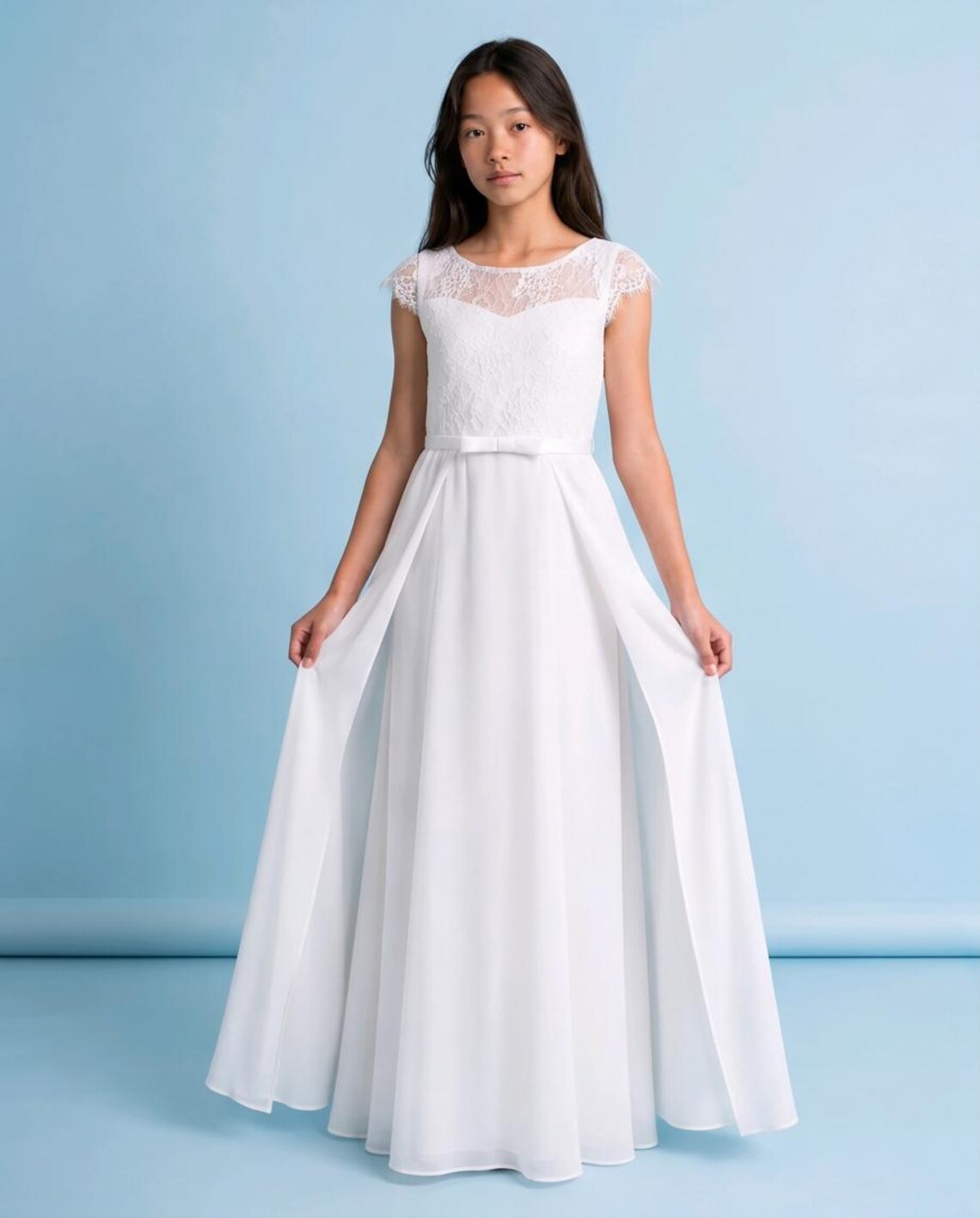 White Floor-Length First Holy Communion Dress | Elegant Girls Gown with Lace Cap Sleeves