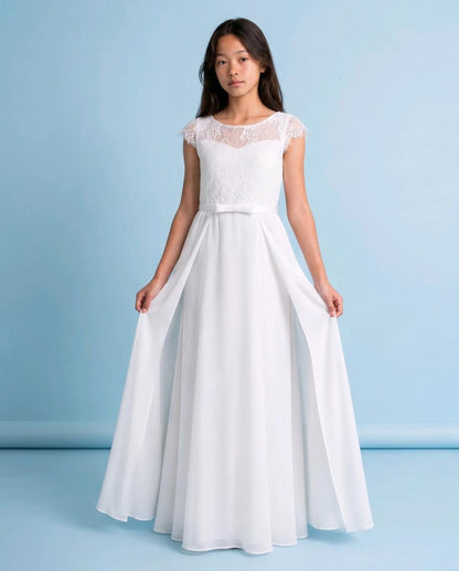White Floor-Length First Holy Communion Dress | Elegant Girls Gown with Lace Cap Sleeves