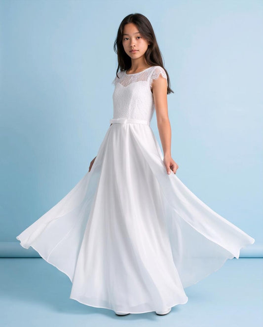 White Floor-Length First Holy Communion Dress | Elegant Girls Gown with Lace Cap Sleeves