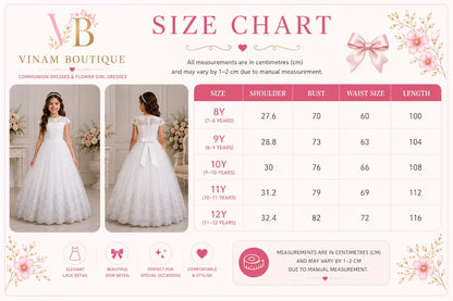 Child wearing a white communion dress in size chart