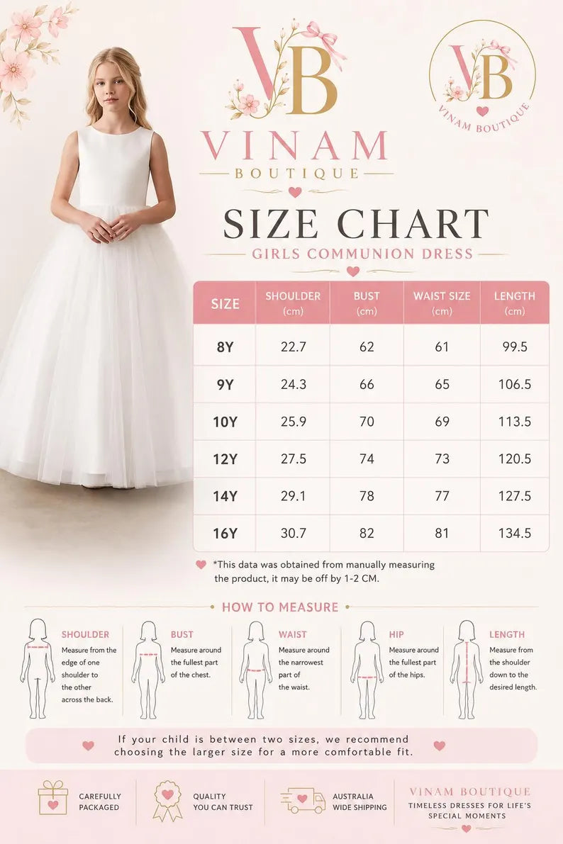 A size chart poster for a girls' communion dress by Vinam Boutique, featuring a model wearing a white dress on the left, a size table from 8Y to 16Y with measurements, and small body-measurement diagrams at the bottom.