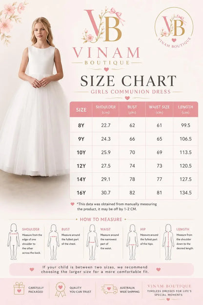 A size chart poster for a girls' communion dress by Vinam Boutique, featuring a model wearing a white dress on the left, a size table from 8Y to 16Y with measurements, and small body-measurement diagrams at the bottom.