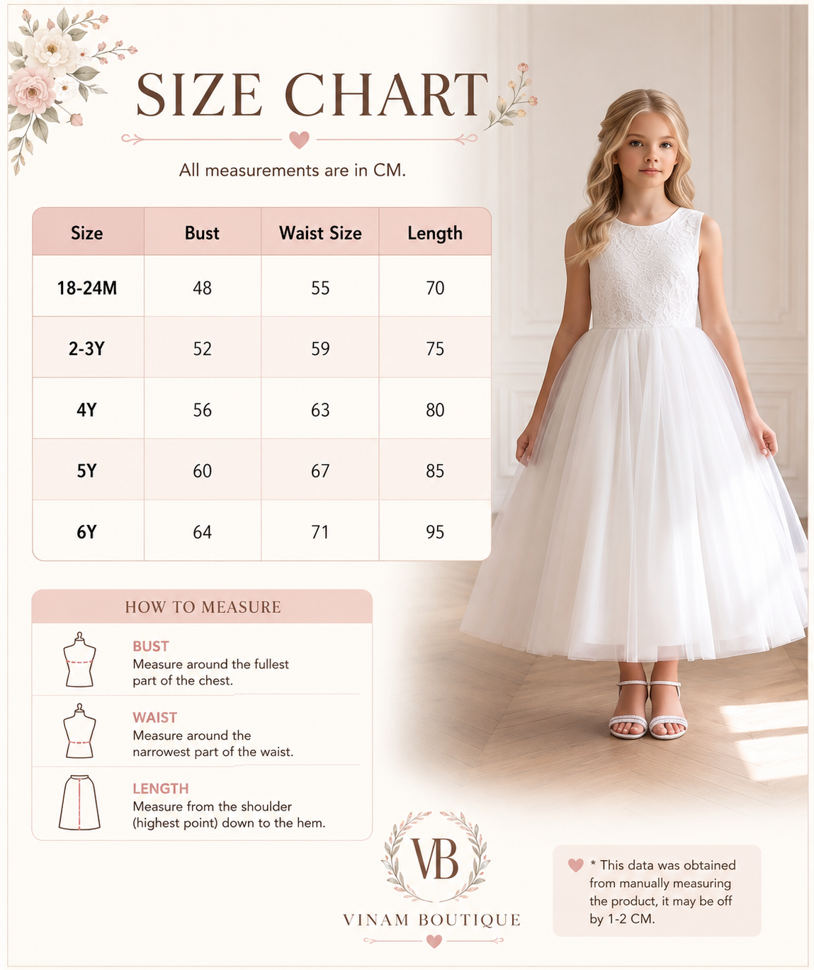 VINAM BOUTIQUE Size Chart - White Lace Tulle Communion Dress - All measurements in CM