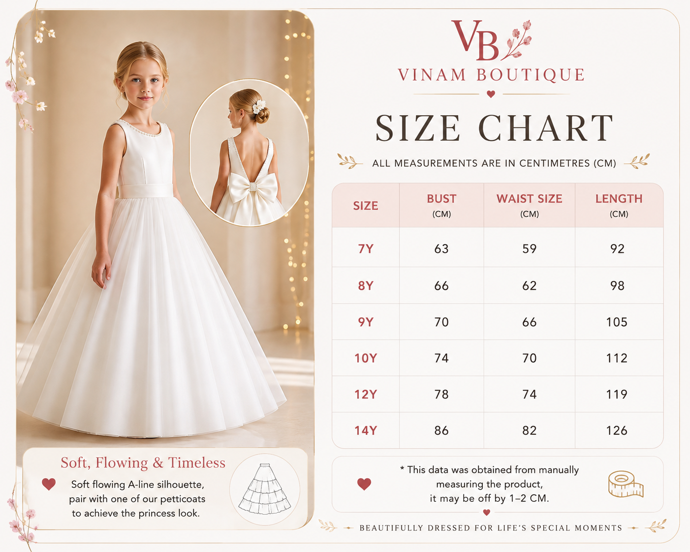 Girl wearing a pearl satin communion dress size chart 