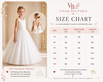 Girl wearing a pearl satin communion dress size chart 