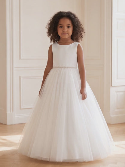Girls White Pearl Waist Flower Girl Dress | First Communion Dress | White Tulle Formal Dress | Junior Bridesmaid Dress