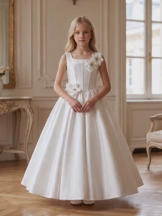 Girls White Satin Communion Dress with 3D Floral Detail