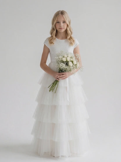 Girls White Sequin Bodice Communion Dress with Tiered Tulle Skirt