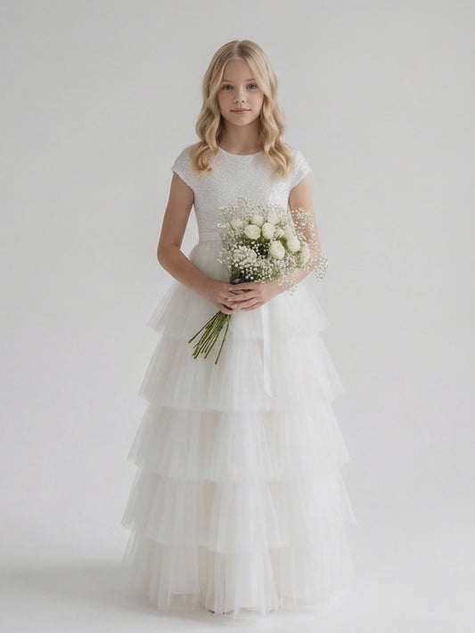 Girls White Sequin Bodice Communion Dress with Tiered Tulle Skirt