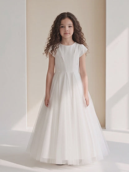 Girls White Pearl Detail Communion Dress with Tulle Skirt & Pearl Button Back