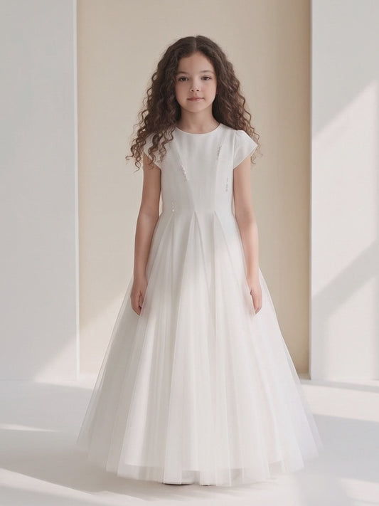 Girls White Pearl Detail Communion Dress with Tulle Skirt & Pearl Button Back