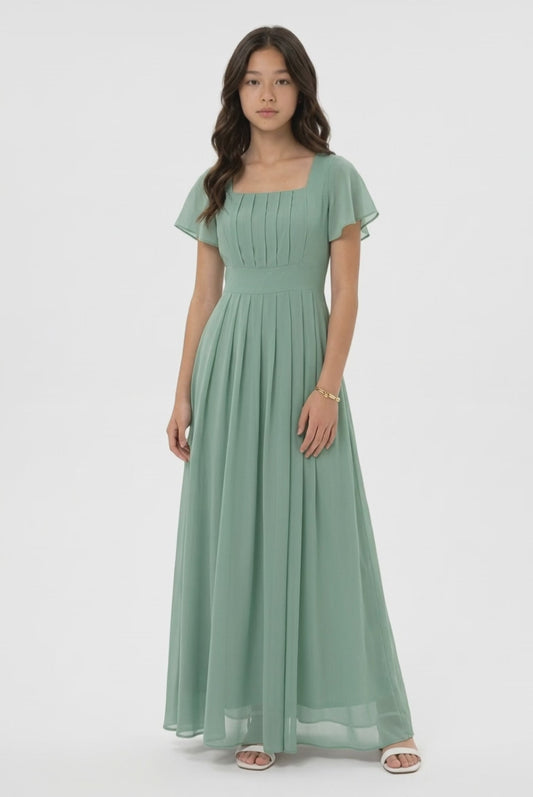 Sage Green Flutter Sleeve Pleated Occasion Dress