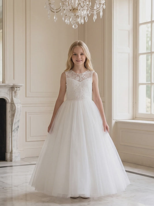 Girls White 3D Floral Appliqué First Communion Dress | Sheer Bodice, V-Back | Tulle Ball Gown