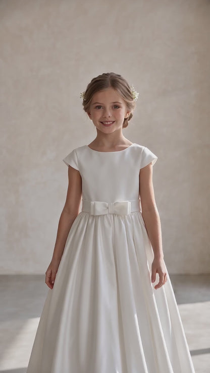 Satin First Communion Dress for Girls | V-Back Bow Flower Girl Dress