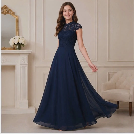 Teen Lace Navy Blue Junior Bridesmaid Flower Girl Dress
