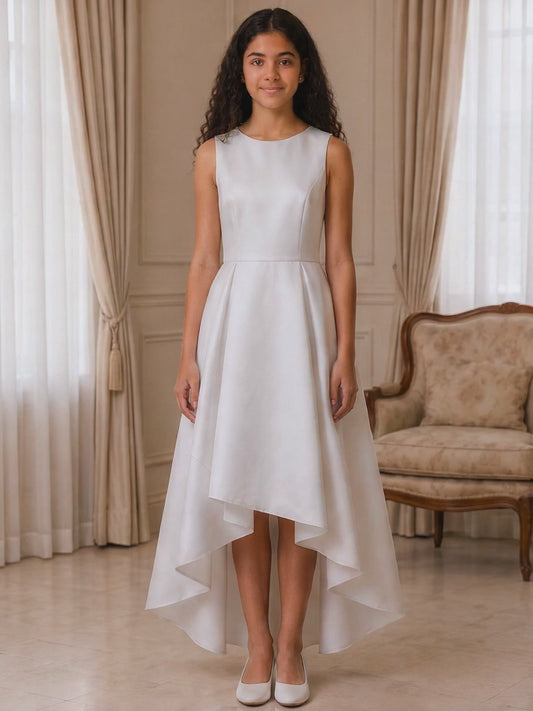 Asymmetrical Flower Girl Dress | White Junior Bridesmaid Formal Gown | Holy Communion Dress