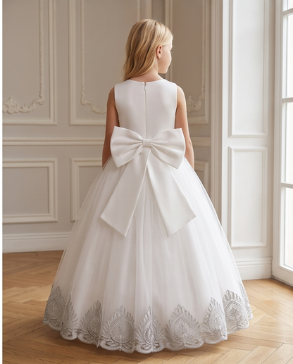 Vivienne Lace Flower Girl Dress for Girls | White & Grey Formal Dress