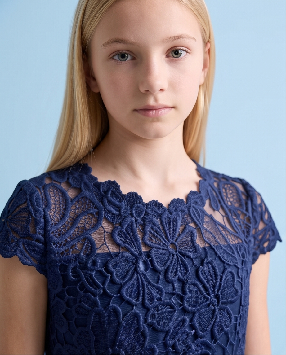 Navy Floral Lace Long Girls’ Occasion Dress
