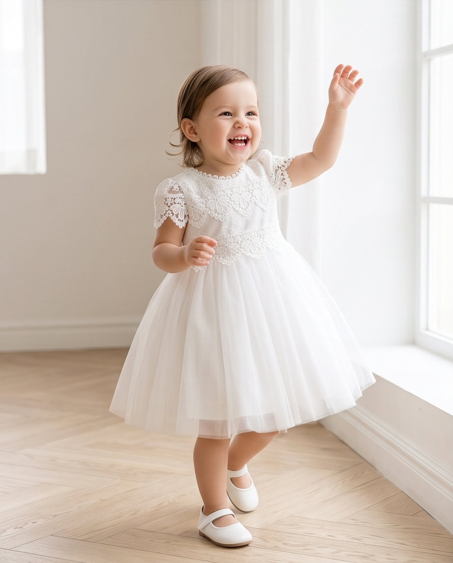A toddler girl wearing a white lace and tulle first communion dress with white shoes, standing on a light wood floor in a bright room near a window.