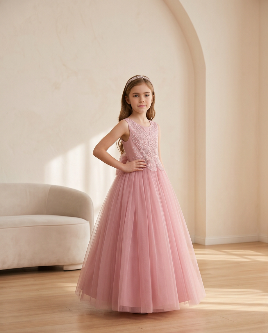 Elegant Dusty Pink Tulle Flower Girl Dress for Girls