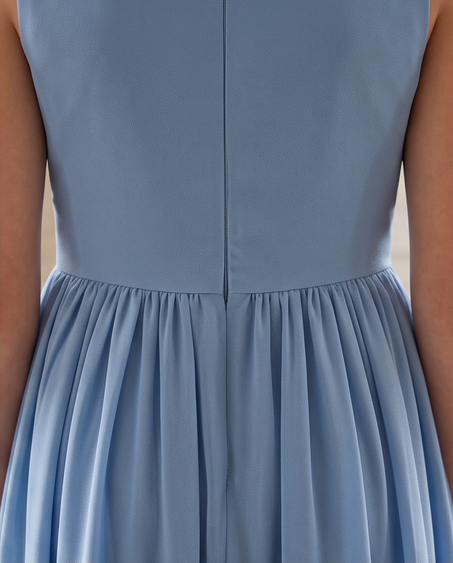 Girl wearing a dusty blue bridesmaid dress 